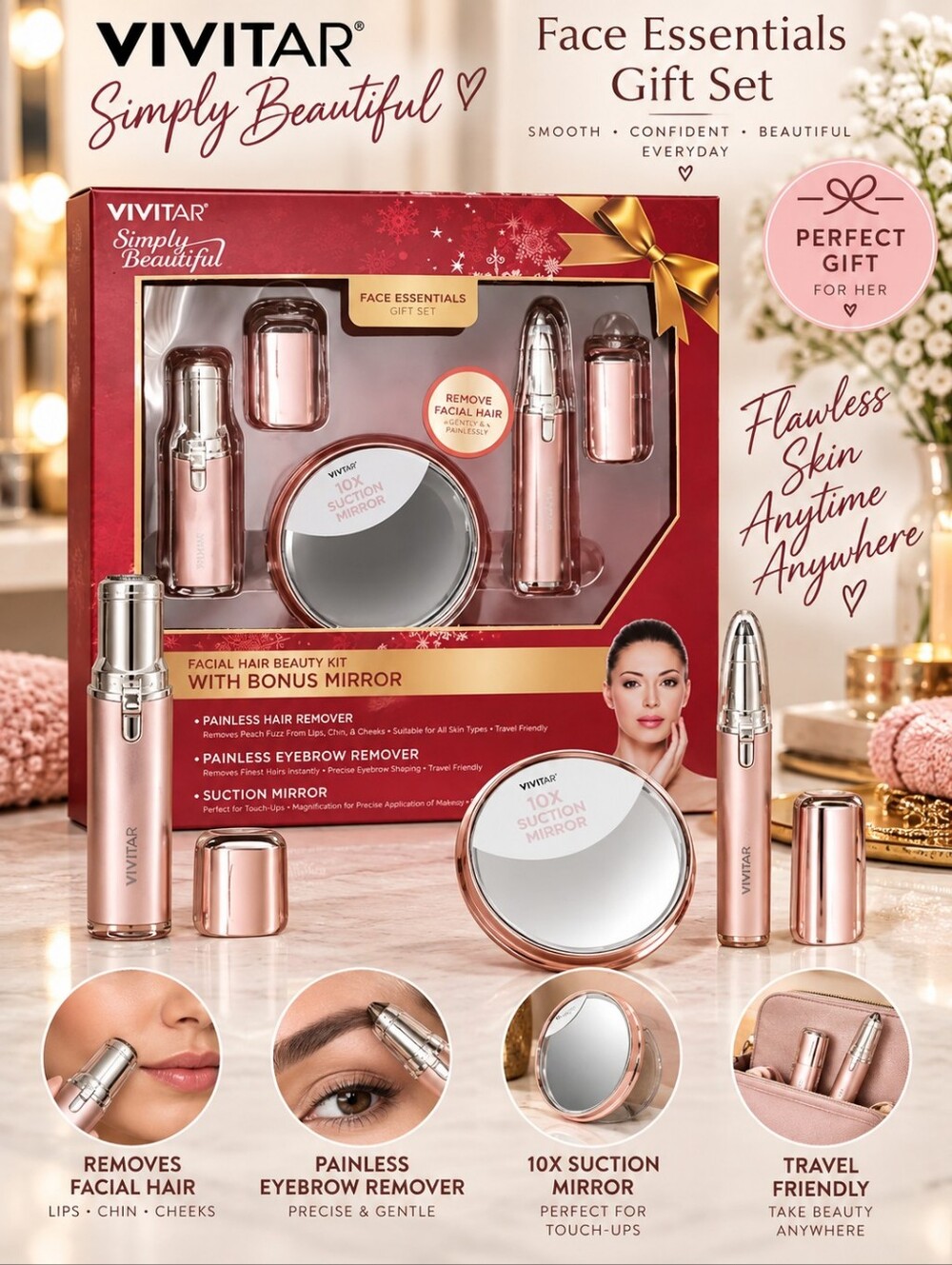 NIB VIVITAR Face Essentials Gift Set Painless Hair Eyebrow Remover Mirror New